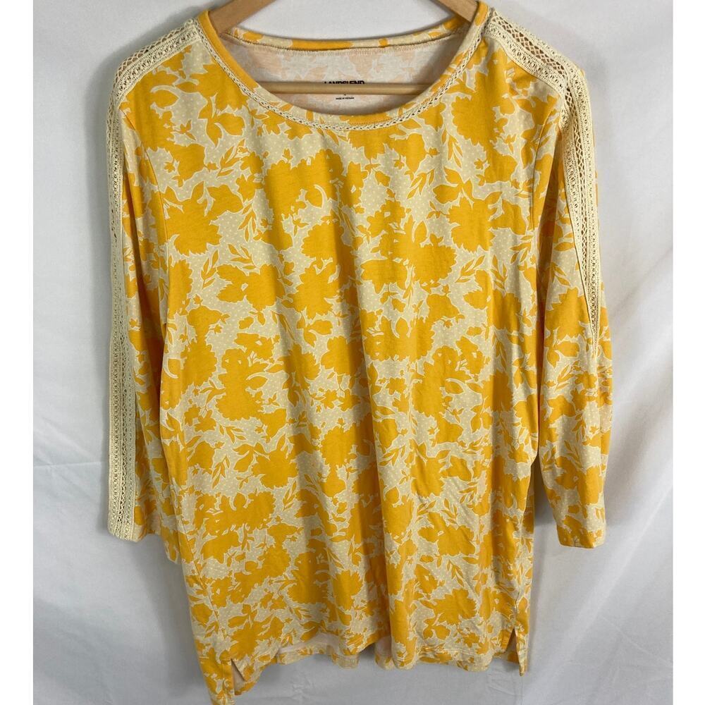 Lands End Floral Print 3/4 Sleeve Yellow Crochet Detail Blouse Size XL